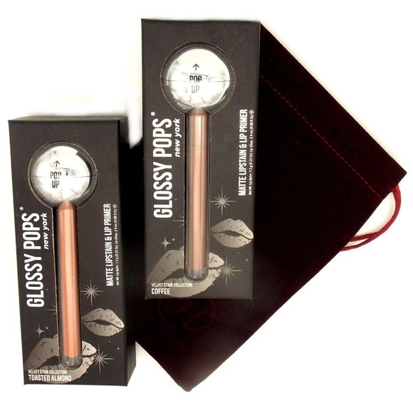 Glossy Pops Bundle Coffee & Toasted Almond Matte Lipstain & Lip Primer Bag Gift
